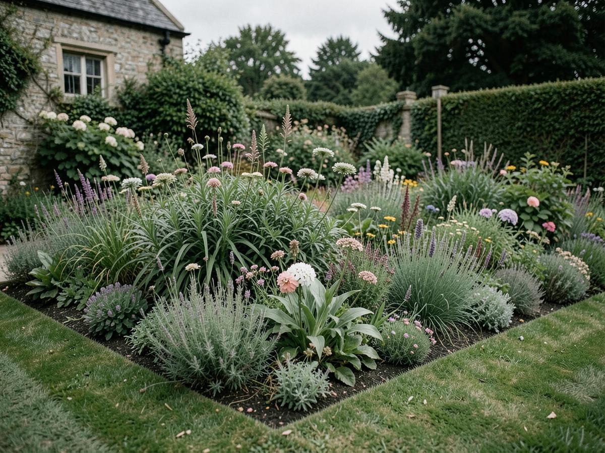 Well maintained herbaceous border beside a lawn in an English country garden