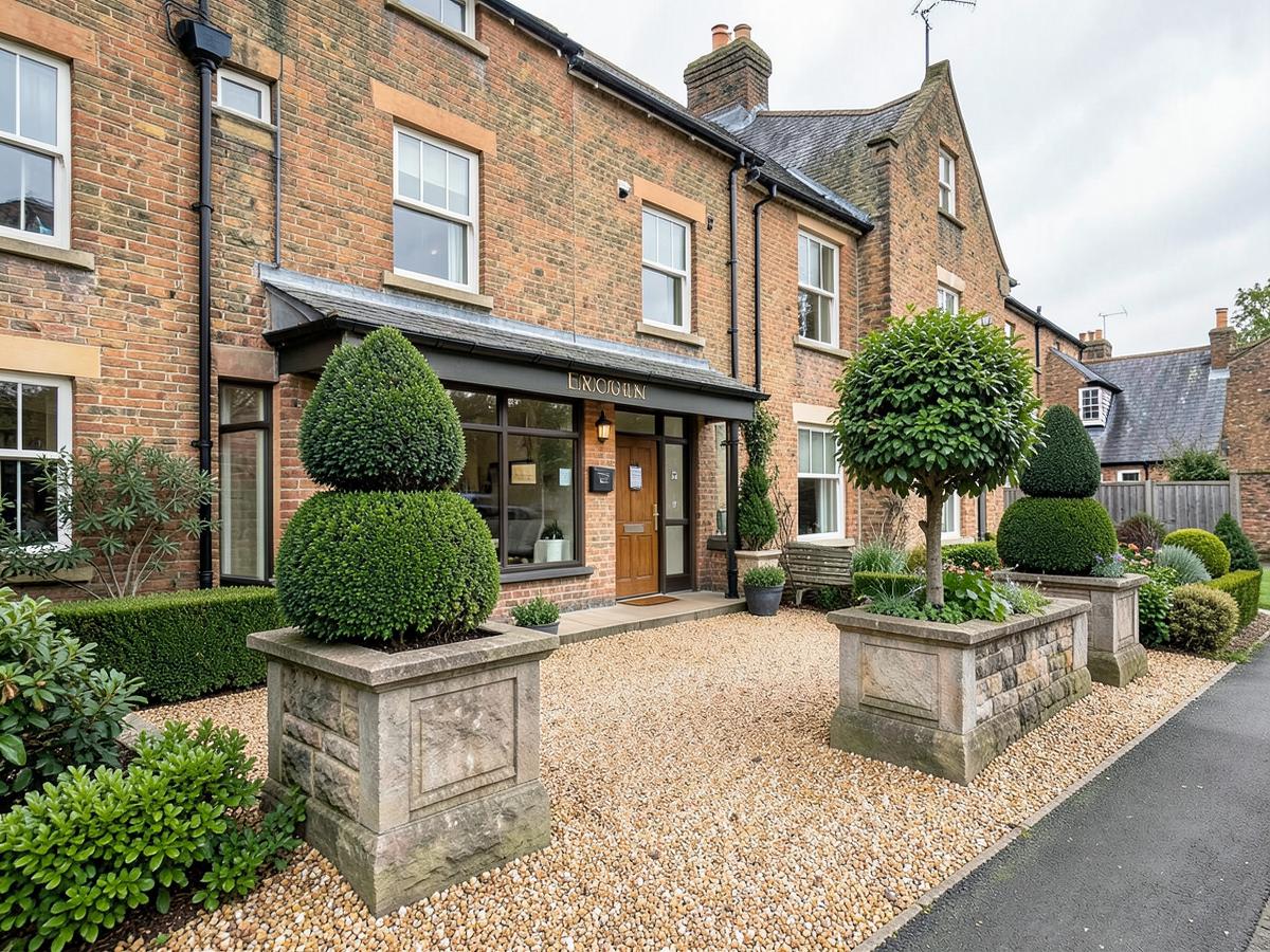 Smartly planted entrance to a commercial premises with topiary and gravel