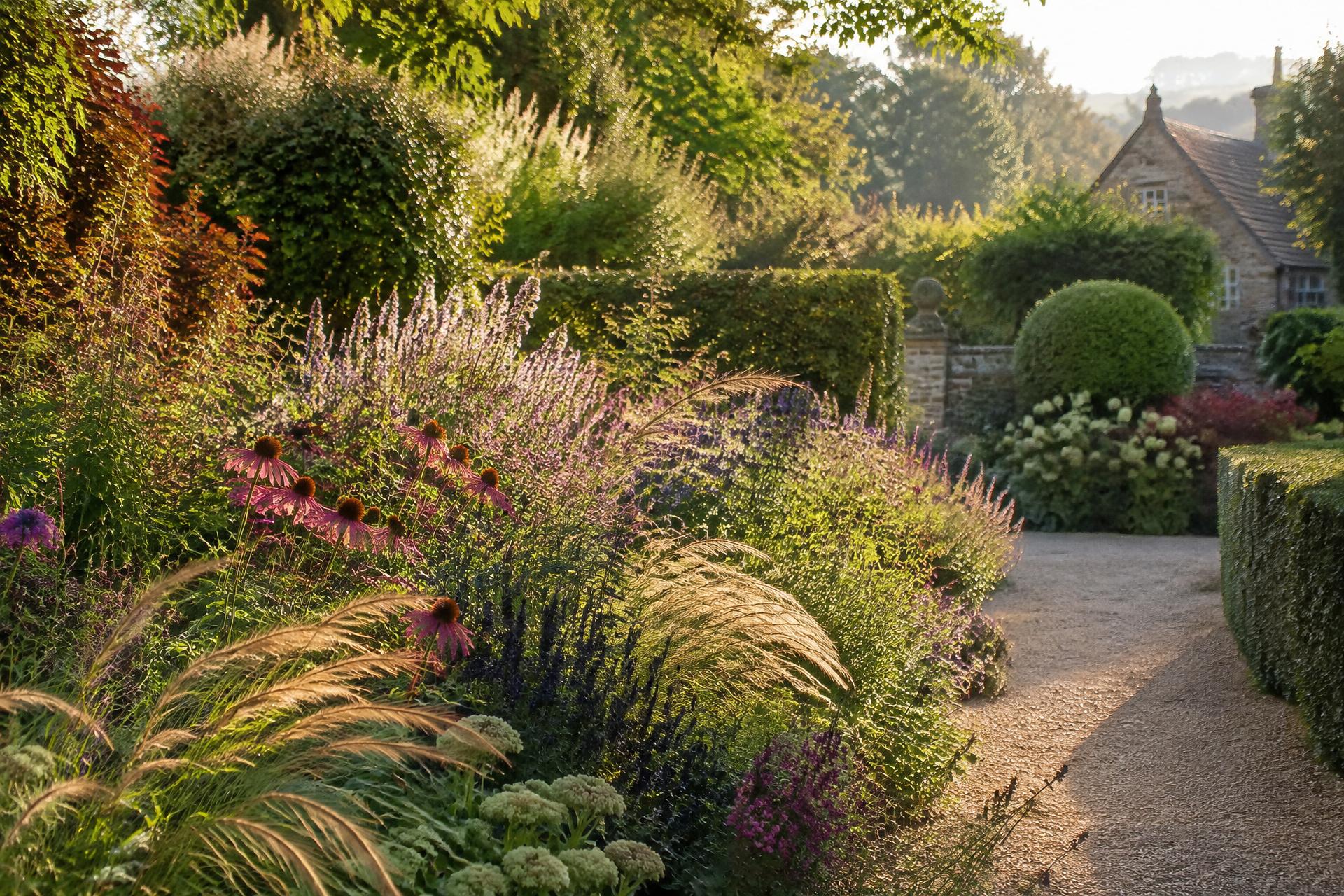 Established English country garden with deep herbaceous borders in golden morning light