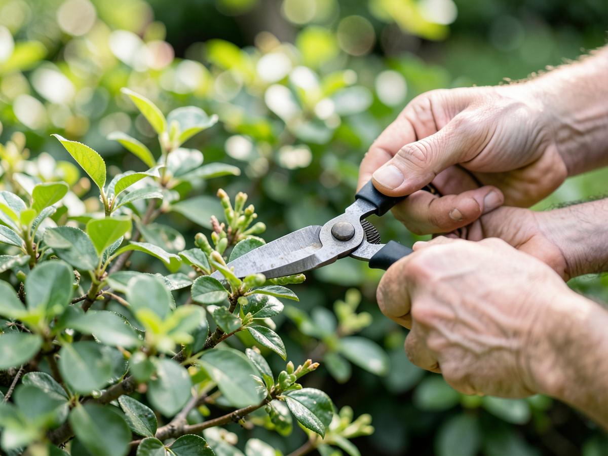 Gardener carefully pruning a shrub with secateurs