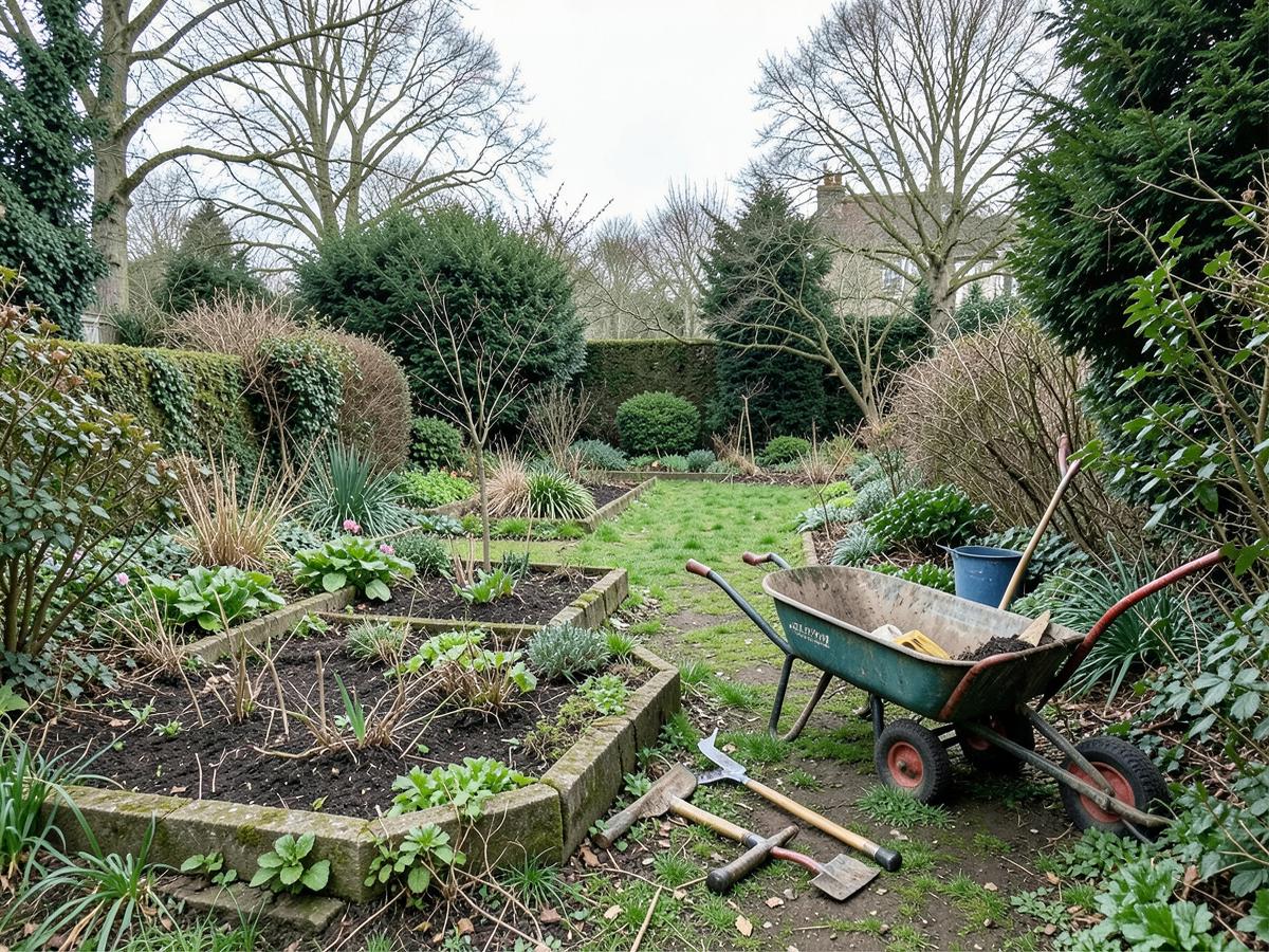 Overgrown garden part-way through restoration with cleared beds and tools